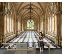 Sfondo Fotografico Chiostro Gotico, 200x140cm | Carta da parati Fotografica Edifici Storici A Scacchiera, Fotomurali in Seta, Effetto 3D, Decorazione da Muro XXL Per Soggiorno Camera Da Letto