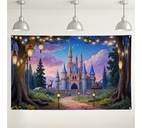 Sfondo fotografico con castello delle fiabe, paesaggio della foresta incantata, decorazione colorata per esterni/interni, per feste, compleanni, eventi per bambini, 180 x 109 cm