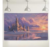 Sfondo fotografico con castello e tramonto, fantasia da sogno, ideale per decorazioni per feste di compleanno per bambini, eventi a tema estivo, 180 x 109 cm