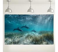 Sfondo fotografico con delfini sottomarini e vita marina oceanica, perfetto per feste in spiaggia ed eventi estivi, 180 x 109 cm