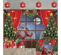 Sfondo fotografico con finestra di Natale, Babbo Natale, tenda rossa neve, albero di Natale, notte di Natale, foresta, finestra in legno, regali lunari, sfondo per vacanze e foto di famiglia (210 x