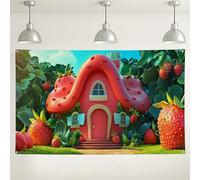 Sfondo fotografico con fragole, simpatico stile cartone animato, divertente decorazione per feste, sfondo fotografico per interni ed esterni, per compleanni dei bambini, celebrazione primaverile ed