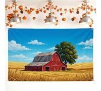 Sfondo fotografico con granaio, rustico, con albero di campagna, colore rosso, per interni ed esterni, per feste, eventi, celebrazioni, 180 x 109 cm