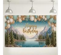 Sfondo fotografico con lago di montagna e scritta "Happy Birthday", scena della natura, decorazioni rustiche per feste, colore foglia di tè e oro, per interni ed esterni, 180 x 109 cm