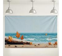 Sfondo fotografico con scena autunnale sulla spiaggia, onde costiere e foglie, perfetto per feste ed eventi autunnali, decorazione per interni ed esterni, 180 x 109 cm
