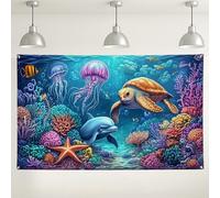 Sfondo fotografico con scena oceanica subacquea, sfondo fotografico colorato con vita marina, barriera corallina, delfini, tartaruga, decorazione per feste, eventi a tema spiaggia, 180 x 109 cm