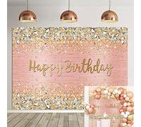 Sfondo fotografico con scritta "Happy Birthday", colore oro rosa e oro, con diamanti glitterati, sfondo bokeh, per donne e ragazze, decorazione per feste e foto (2,1 x 1,5 m)