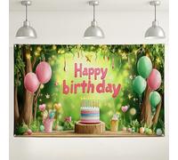 Sfondo fotografico con scritta "Happy Birthday Nature", decorazione verde per feste di fiaba, torte e palloncini, sfondo fotografico per feste di compleanno per bambini, 180 x 109 cm