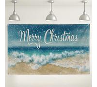 Sfondo fotografico con scritta "Merry Christmas" e onde dell'oceano, decorazioni per feste, vacanze invernali per interni ed esterni, 180 x 109 cm
