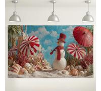 Sfondo fotografico con spiaggia invernale nel paese delle meraviglie, pupazzo di neve e bastoncini di zucchero, decorazioni per feste, vacanze costiere, sfondo fotografico per eventi natalizi, 180 x