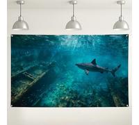 Sfondo fotografico con squalo subacqueo, vita marina oceanica, perfetto per feste, eventi e celebrazioni estive, 180 x 109 cm