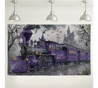 Sfondo fotografico con treno infestato viola, decorazioni vintage spettrali di Halloween, sfondo fotografico gotico per interni ed esterni, per feste ed eventi, 180 x 109 cm