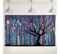 Sfondo fotografico decorativo con albero mistico e palloncini, strisce verticali colorate, ideale per feste ed eventi di Halloween, 180 x 109 cm