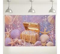 Sfondo fotografico decorativo con scena del tesoro sottomarino, corallo e conchiglie, tema pesca e mare oro per feste, eventi estivi sulla spiaggia, 180 x 109 cm