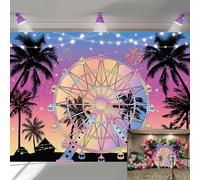 Sfondo fotografico estivo con ruota panoramica tropicale sul mare palma tramonto sfondo hawaiano spiaggia estiva decorazioni per feste di compleanno (243 x 183 cm)