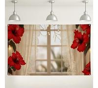 Sfondo fotografico floreale con ibisco rosso, stile vintage, sfondo per finestra, perfetto per la decorazione della casa, matrimoni, eventi primaverili ed estivi, 180 x 109 cm