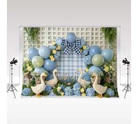 Sfondo fotografico Kate 2.2x1.5m/7x5piedi Silly Goose Gingham Fiocco Arco Blu Palloncini Decorazioni per neonato Compleanno Festa Bambini 1° compleanno Cake Smash Sfondo fotografico