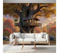 Sfondo Fotografico Stile Fantasy Fiabesco 150L×105Acm Sfondo Salotto Camera Da Letto Ufficio Corridoio Decorazione Murali Decorazione - Quercia Design Una Baita In Legno - Giallo Dorato