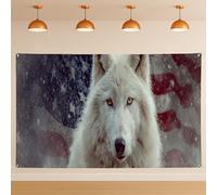 Sfondo fotografico vintage con lupo delle nevi, bandiera americana invernale, decorazione rustica per feste per interni ed esterni, 180 x 109 cm