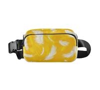 Sfondo giallo brillante con piume bianche che cadono da esso alla moda borsa a tracolla marsupio per uomo donna mini borsa a tracolla con tracolla regolabile per viaggi, shopping, corsa, Sfondo giallo