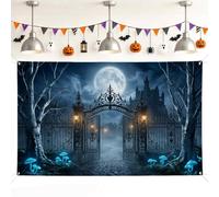 Sfondo gotico con cancello, funghi spettrali gotici luna, Halloween, decorazioni nere per interni ed esterni, feste, eventi, celebrazioni, 180 x 109 cm