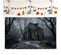 Sfondo gotico con edificio spettrale, alberi nudi e sentieri, sfondo nero per foto di Halloween, per riunioni di famiglia, celebrazioni, servizio fotografico, 180 x 109 cm
