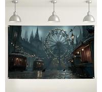 Sfondo gotico vintage con ruota panoramica, scena di carnevale blu scuro per fotografia, decorazioni per feste di Halloween, sfondo per eventi interni ed esterni, 180 x 109 cm