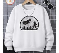 Sfondo illuminato dalla luna, bambini in bicicletta, auto lanciate in cielo e sagome marroni stampate di mostri mangia-uomini. Felpa oversize casual Curve da bambina, ampia e versatile per l'autunno/i