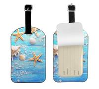 Sfondo in legno con conchiglie di stelle marine,Etichette per bagagli in pelle PU, etichette per bagagli resistenti da viaggio, 2 pezzi