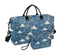 Sfondo in pelle bovina blu con poche nuvole bianche e stelle gialle galleggianti sopra e un coniglio bianco sotto grande borsa grande borsa da trasporto per aeroporto borsa da palestra con tracolla