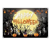 Sfondo in poliestere Happy Halloween da 1,5 x 0,9 m, motivo luna piena e teschio per cabine fotografiche per feste
