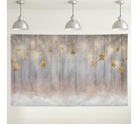 Sfondo invernale con notte stellata, decorazioni rustiche in legno e stelle dorate, accogliente sfondo fotografico per interni ed esterni, per celebrazioni natalizie, 180 x 109 cm