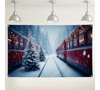 Sfondo invernale con treno del paese delle meraviglie, decorazioni sceniche per feste con foresta innevata, accogliente sfondo fotografico per interni ed esterni, per celebrazioni natalizie, 180 x 109