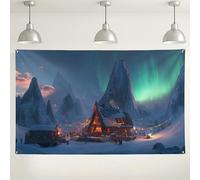 Sfondo invernale del paese delle meraviglie, scena artistica con montagna aurora per decorazioni per feste, accogliente sfondo fotografico per eventi natalizi, atmosfera stagionale innevata, 180 x 109