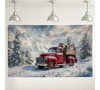 Sfondo invernale vintage con camion rosso, decorazioni natalizie sceniche per fotografie natalizie, sfondo con montagne innevate per eventi interni ed esterni, 180 x 109 cm