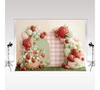 Sfondo Kate Strawberry 2x2m/6.5x6.5piedidi Arco di palloncini Cestino a quadretti Cestino per il primo compleanno dei bambini Party Oggetti decorativi Sfondo per Studio fotografico