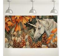 Sfondo magico da parete con foresta di cavalli, fantasiose decorazioni floreali a tema natura, sfondo fotografico autunnale per interni ed esterni, per feste ed eventi, 180 x 109 cm