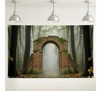 Sfondo mistico ad arco di mattoni della foresta, sfondo fotografico vintage della natura, scena decorativa verde e marrone, per eventi interni ed esterni, tema autunno 180 x 109 cm