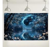 Sfondo mistico con lago illuminato di luna, paesaggio notturno della foresta incantata, sfondo fotografico da sogno per esterni/interni, per feste di compleanno, eventi stagionali, 180 x 109 cm
