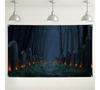 Sfondo mistico con sentiero forestale, scena spettrale del cimitero per decorazioni per feste di Halloween, atmosfera scura per interni ed esterni, 180 x 109 cm