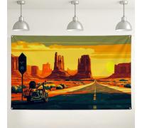 Sfondo moto tramonto deserto, paesaggio vintage, paesaggio scenico fotografico, viaggio su strada, decorazione per feste, eventi estivi all'aperto, 180 x 109 cm
