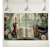 Sfondo musicale da giardino, design vintage floreale con violino e pianoforte, elegante sfondo fotografico per feste, romantiche decorazioni per interni per eventi e celebrazioni, 180 x 109 cm
