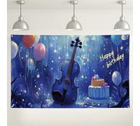 Sfondo musicale di compleanno, eleganti decorazioni per feste di violino, torta festiva e palloncino sfondo fotografico, forniture per eventi interni per feste di compleanno, 180 x 109 cm