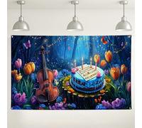 Sfondo musicale floreale di compleanno, decorazione per feste con torta da giardino incantata e violino, vibrante sfondo fotografico per interni ed esterni, per celebrazioni speciali, 180 x 109 cm
