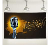 Sfondo musicale vintage con microfono, design artistico con note musicali per decorazioni per feste, sfondo fotografico nero e oro per eventi e celebrazioni, 180 x 109 cm