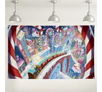 Sfondo natalizio a forma di treno di caramelle, decorazioni colorate per feste invernali nel paese delle meraviglie, sfondo fotografico per interni ed esterni, per celebrazioni di festa, 180 x 109 cm