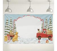 Sfondo natalizio a tema cane, decorazioni vintage con camion rosso invernale, sfondo fotografico per feste ed eventi, 180 x 109 cm