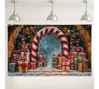Sfondo natalizio ad arco con bastoncini di zucchero, scatole regalo festive, decorazioni per feste, paesaggio invernale delle meraviglie per interni/esterni, sfondo fotografico per celebrazioni, 180 x