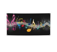 Sfondo natalizio colorato con note musicali stampate con occhielli angolari, vivace cartello da appendere per feste notturne