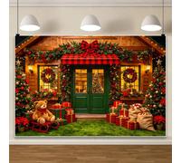 Sfondo natalizio con casa luminosa e albero di pino di lusso, 3x2m